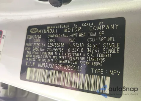 2014 Hyundai Tucson Limited from USA, damaged, VIN KM8JU3AG3EU890012